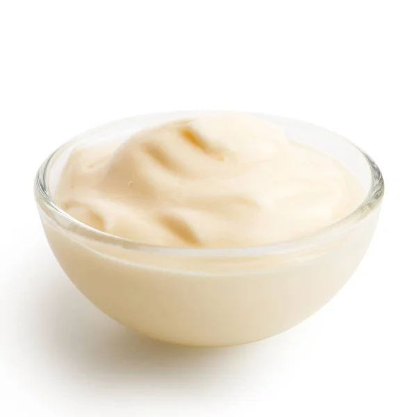 Small glass condiment bowl of mayonnaise. Isolated in perspectiv — Stock Photo, Image