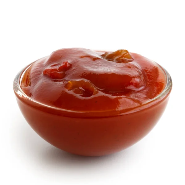 Petit bol de condiment en verre de salsa tomate et piment rouge — Photo