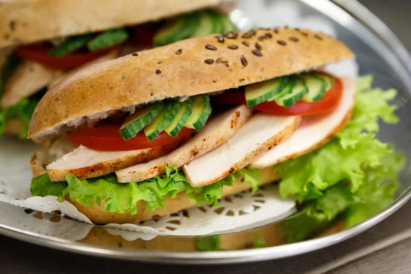 Sliced Chicken Turkey Salad Whole Wheat Filled Baguettes Doily Stainless — Stock Photo, Image