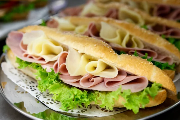 Yellow Sliced Cheese Ham Salad White Baguettes Doily Stainless Steel — Stock Photo, Image