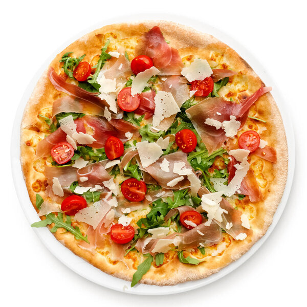 Prosciutto pizza with cherry tomatoes and rucola isolated on whi