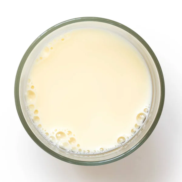 Glas av sojamjölk med skum isolerat på vitt ovanifrån. — Stockfoto