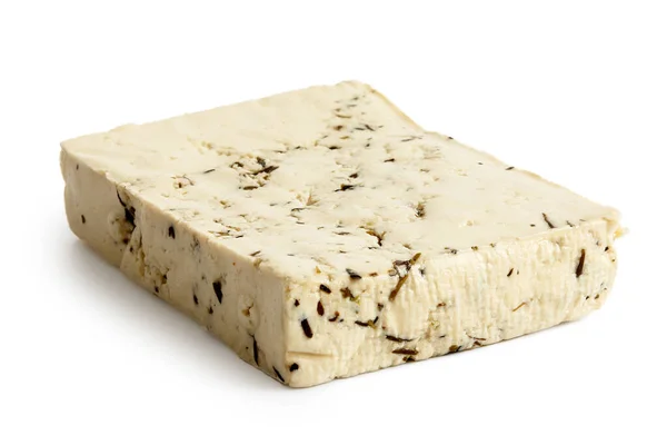 Einzelner Block natürlichen Tofu mit Kräutern isoliert auf weiß. — Stockfoto