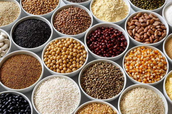 stock image Arranged white bowls with uncooked pulses, grains and seeds on w