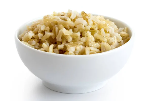 Bowl of cooked long grain brown rice isolated on white. — Stock Photo, Image
