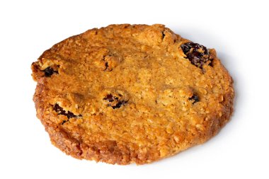 Oat and raisin round biscuit isolated on white.