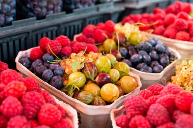 Forest fruit and berries in paper trays at market.