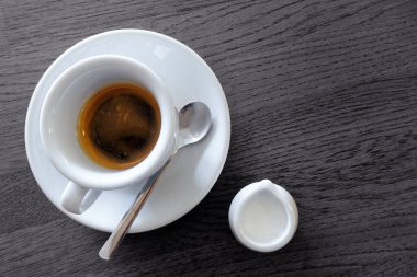 Süt sürahisinin yanında beyaz bardakta klasik İtalyan espresso. 