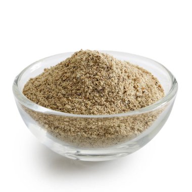 Cam kasede beyaz biber, beyaza izole edilmiş..