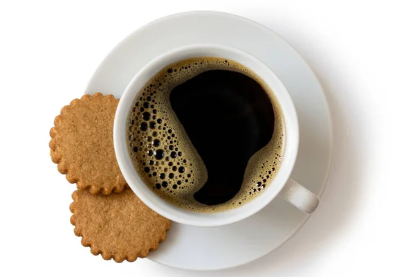 Eine Tasse schwarzen Kaffee mit zwei Lebkuchen isoliert auf — Stockfoto