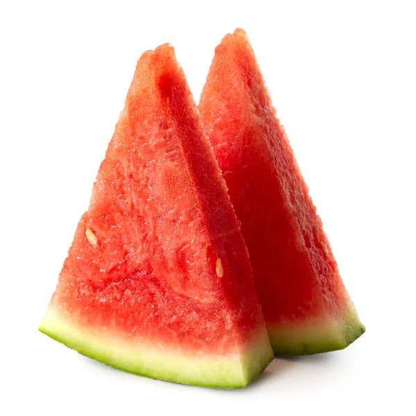 Two standing triangles of seedless watermelon isolated on white. — Stock Photo, Image