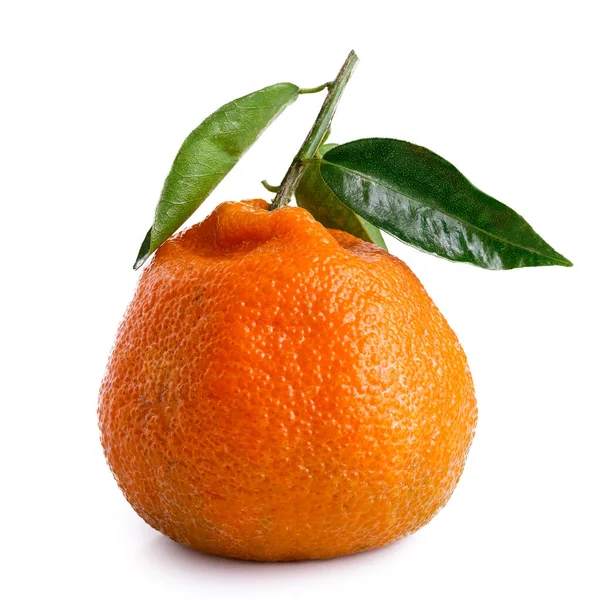 Una sola mandarina entera con un tallo y hojas aisladas en blanco —  Fotos de Stock
