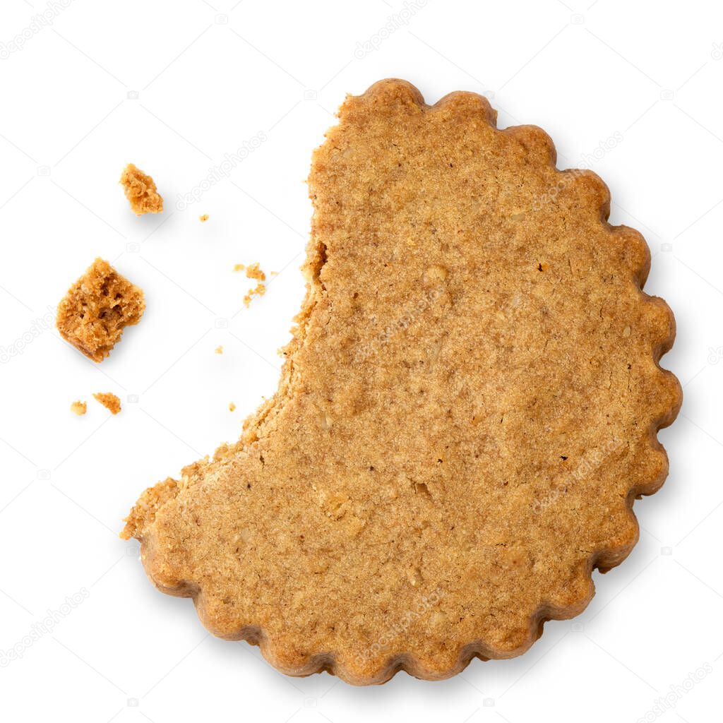 Partially eaten round gingerbread biscuit isolated on white from