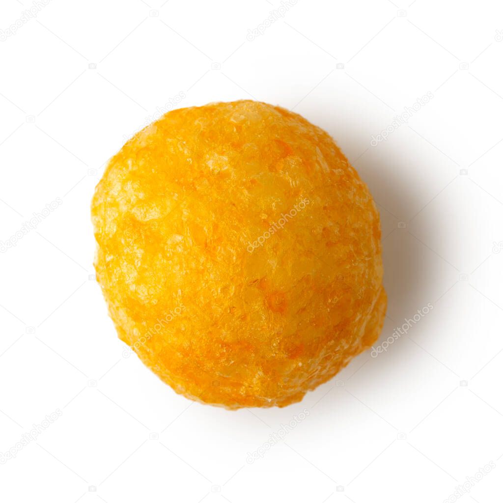 Single extruded puffed cheese ball isolated on white from above.