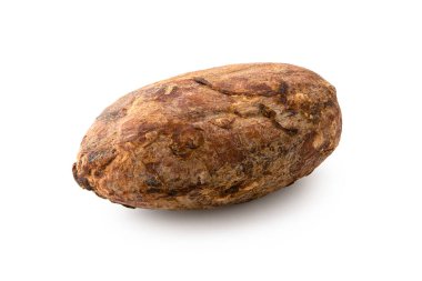 Tek kızarmış, soyulmamış kakao çekirdeği, beyaz üzerine izole edilmiş..