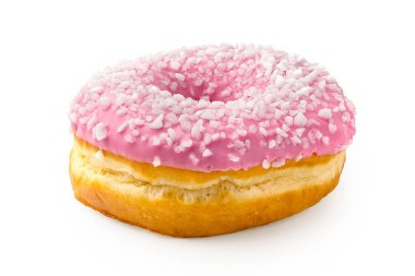 Whit 'e izole edilmiş kristal şeker serpiştirilmiş pembe donut.