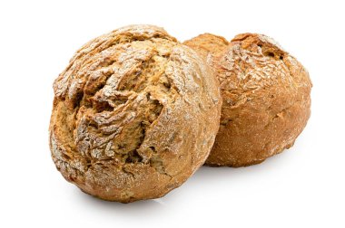 Beyaz üzerine izole edilmiş iki yuvarlak buğday ekmeği rulosu..