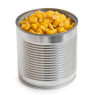 Beyaz teneke bir kutunun içindeki mısır konservesi.. 