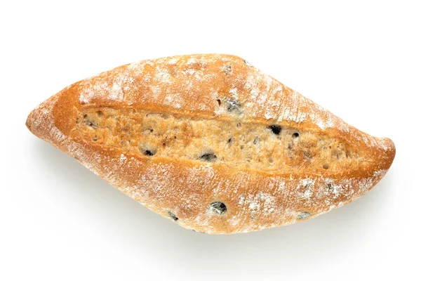 Rolo de pão de oliva Ciabatta isolado sobre branco. Vista superior . — Fotografia de Stock