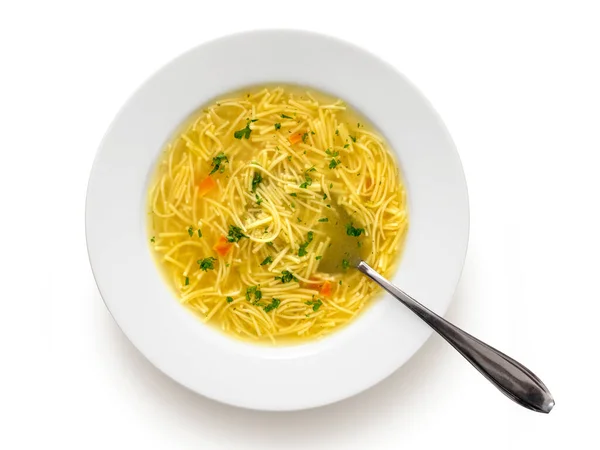 Στιγμιαία κοτόσουπα σε ένα λευκό κεραμικό πιάτο σούπα με m — Φωτογραφία Αρχείου