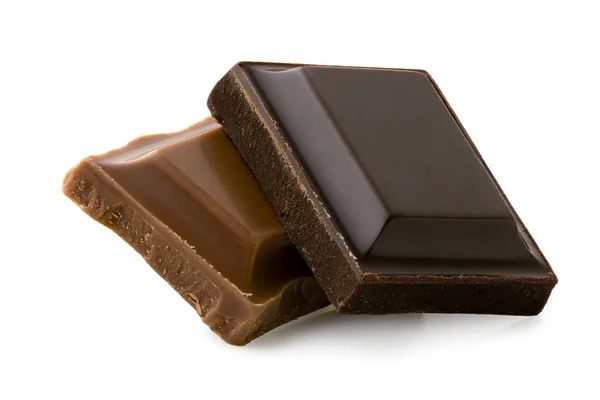 Plein van pure chocolade rustend op een vierkant van melkchocolade i — Stockfoto