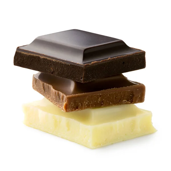 Stapel chocoladepleinen: pure chocolade, melk en witte chocolade isola — Stockfoto