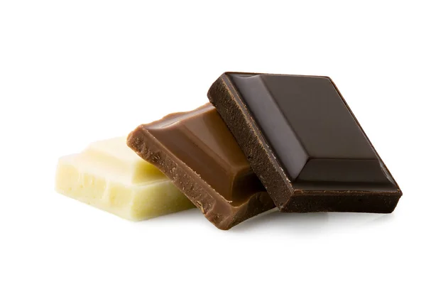 Donkere, melk- en witte chocoladepleinen geïsoleerd op wit. Ruw — Stockfoto