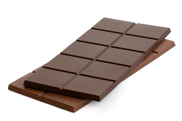 Donkere chocoladereep bovenop melkchocoladereep geïsoleerd op whit — Stockfoto