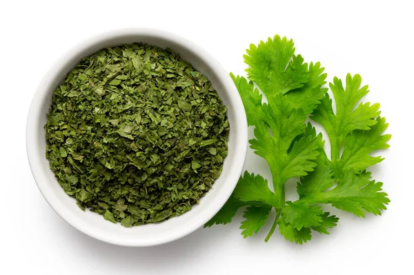 Dried chopped coriander leaves in white ceramic bowl next to fre — Stock Photo, Image