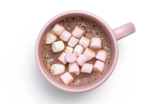 Chocolate quente com pequenos marshmallows rosa e branco em um c rosa — Fotografia de Stock