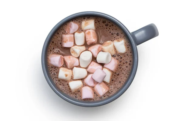 Hot chocolate with small pink and white marshmallows in a blue-g