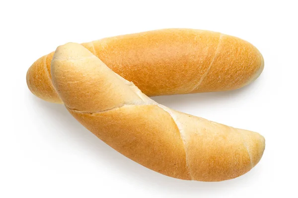 Two long white bread rolls isolated on white. Top view. — Stock Photo, Image