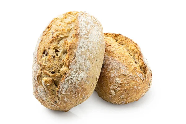 Dos rollos de pan francés de grano entero aislados en blanco . — Foto de Stock