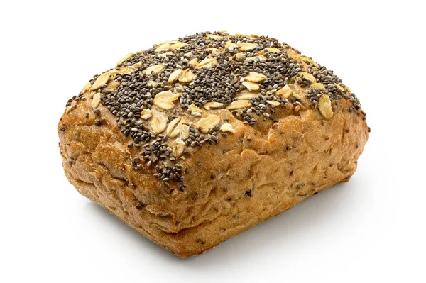 Whole grain bread roll with oats and poppy seeds isolated on whi — Stock Photo, Image