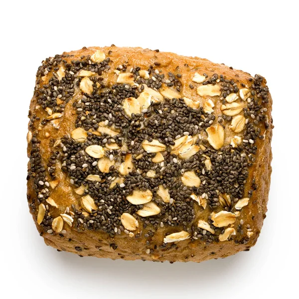 Whole grain bread roll with oats and poppy seeds isolated on whi — Stock Photo, Image