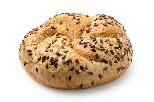 Traditional whole wheat kaiser roll with linseeds and sesame see — Stock Photo, Image