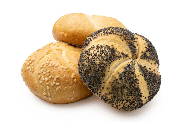 Plain, poppy seed amd sesame seed kaiser rolls isolated on white — Stock Photo, Image