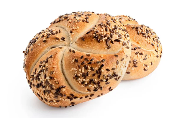 Two traditional white kaiser rolls with linseeds and sesame seed — Stock Photo, Image