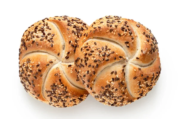 Two traditional white kaiser rolls with linseeds and sesame seed — Stock Photo, Image