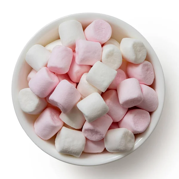 Pink and white mini marshmallows in white ceramic dish isolated — Stock Photo, Image