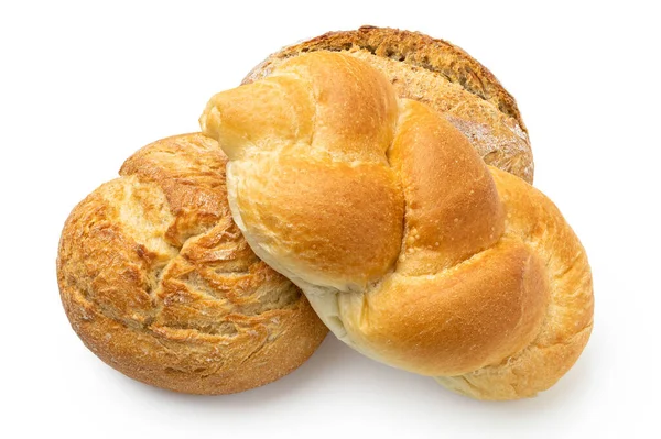 Beyaz üzerine izole edilmiş üç ekmek rulosu. Yuvarlak, kıvrımlı ve f — Stok fotoğraf