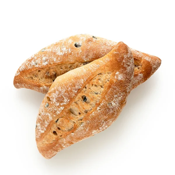 Dos rollos de pan de oliva ciabatta aislados en blanco. Vista superior . — Foto de Stock
