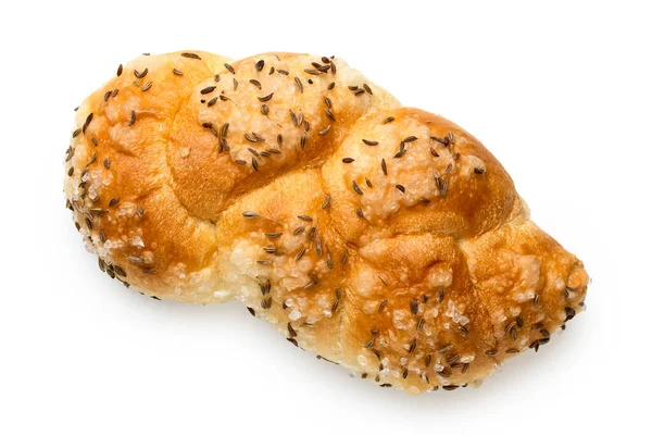 Plaited white bread roll with rough salt and caraway seeds isola — Stock Photo, Image