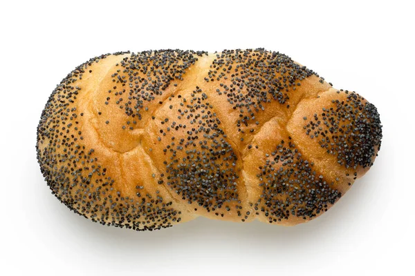 Plaited white bread roll with poppy seeds isolated on white. Top — Stock Photo, Image