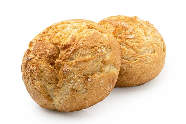 Beyaz üzerine izole edilmiş iki yuvarlak beyaz ekmek rulosu.. — Stok fotoğraf