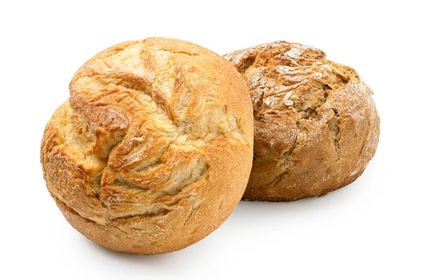 Two round rustic bread rolls isolated on white. White and whole — Stock Photo, Image