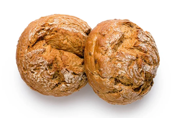 Two round rustic whole wheat bread rolls isolated on white. Top — Stock Photo, Image