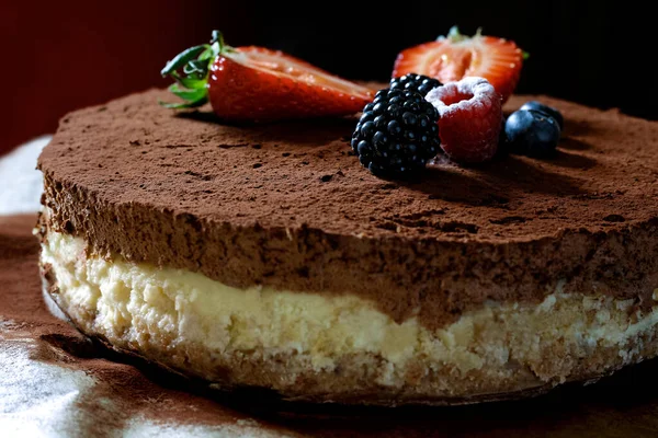 Closeup of whole homemade cheesecake on baking paper with cocoa — Stock Photo, Image