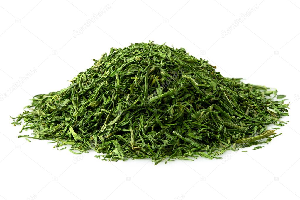 A pile of dried chopped dill isolated on white.