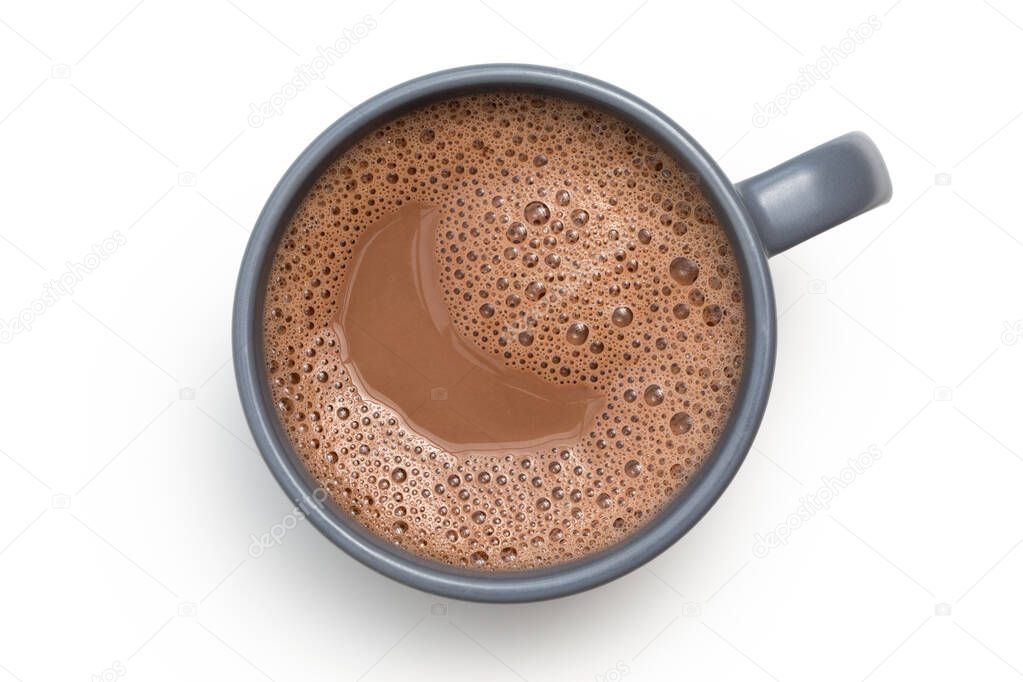 Hot chocolate in a blue-grey ceramic mug isolated on white from 